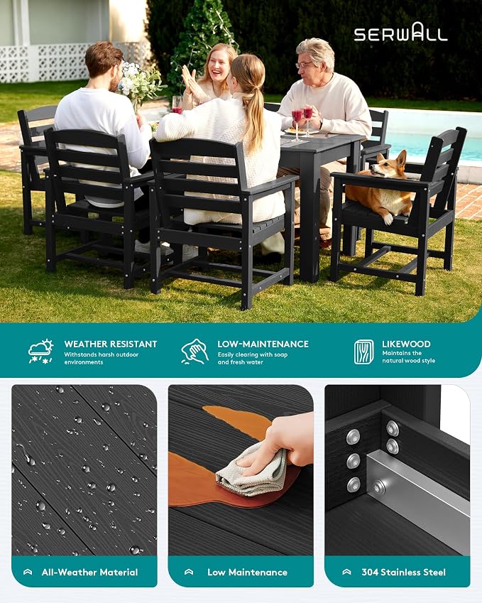 SERWALL HDPE Dining Set for 6: 1 Umbrella Hole Table, 4 Armless + 2 Armchairs. - Image 7