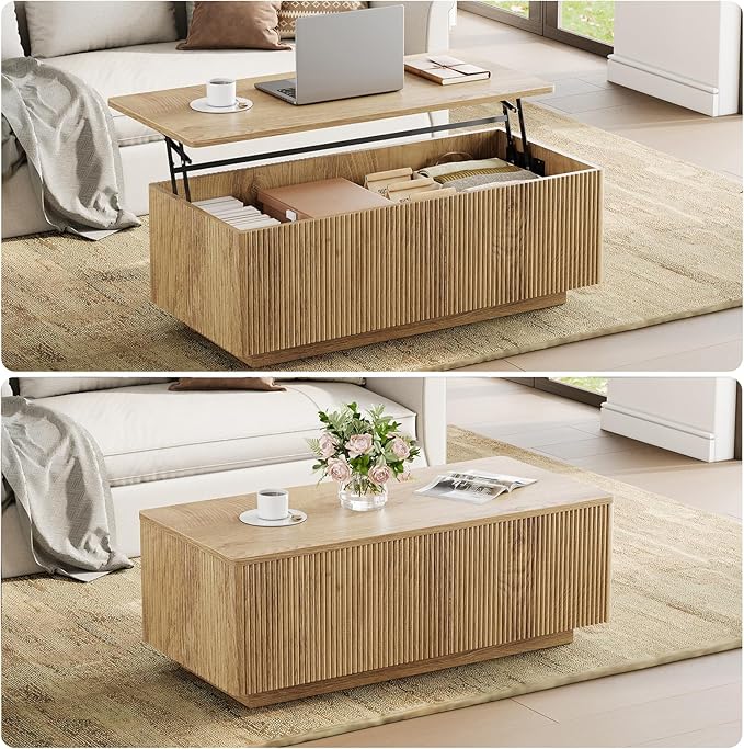 FABATO Mid Century Modern Coffee Table, Wooden Fluted Center Table - Image 4