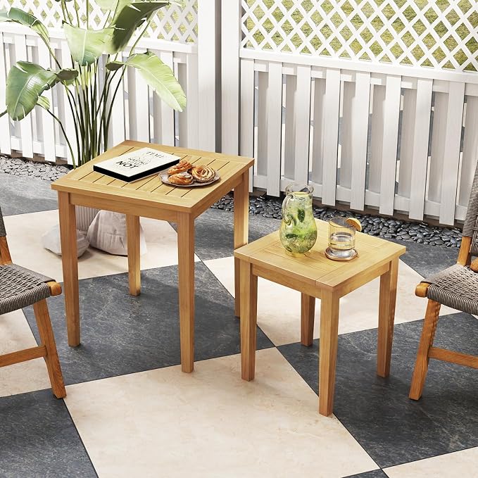 Tangkula 2 Pieces Patio Nesting Table, Teak Wood Outdoor Space Saving Design - Image 2