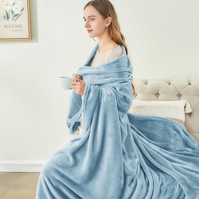BEDELITE Fleece Blanket Soft Queen Size Bed Blanket Washed Blue 90"x90" | Ultra - Image 8