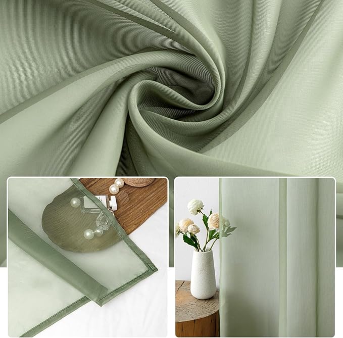 MIULEE Sage Green Sheer Curtains 54 X 45 Inches, 2 Panels | Elegant Window - Image 3