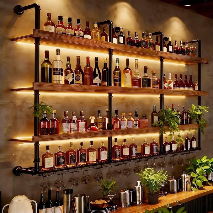 Wall Mounted Wine Rack with LED Lights, 4-Tier Industrial Wood Floating Shelves by flowercart