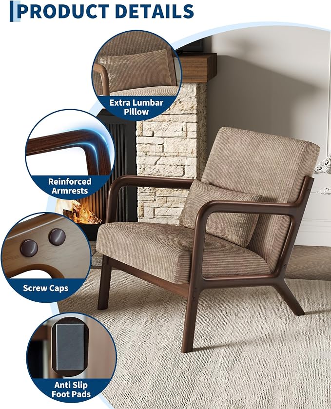 Garvee Mid-Century Modern Accent Chair, Wide-Wale Corduroy Upholstery, Solid - Image 4