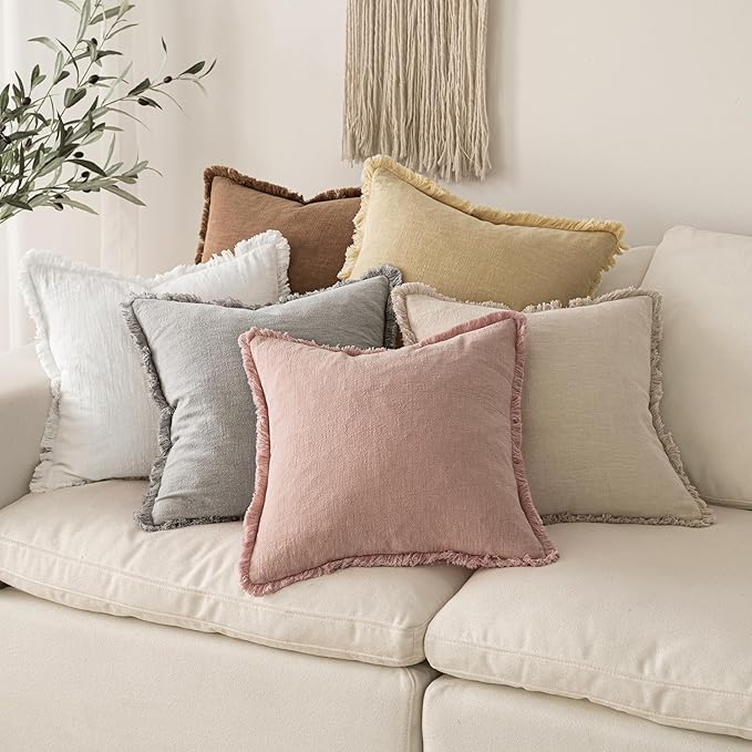 MIULEE Boho Linen Fringe Decorative Throw Pillow Covers White 18x18 | Set of 2 - Image 6