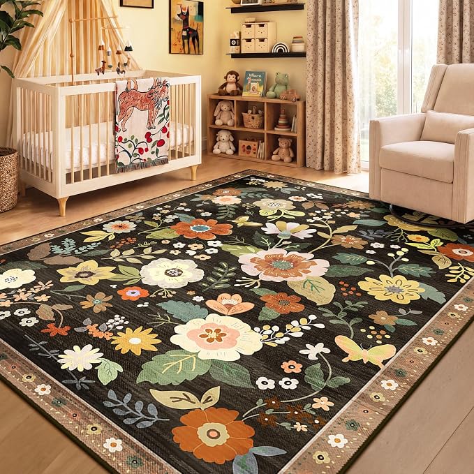 RELEANY Floral Washable 6x9 Area Rugs Black/Yellow | Flower Carpet Print Boho - Image 2