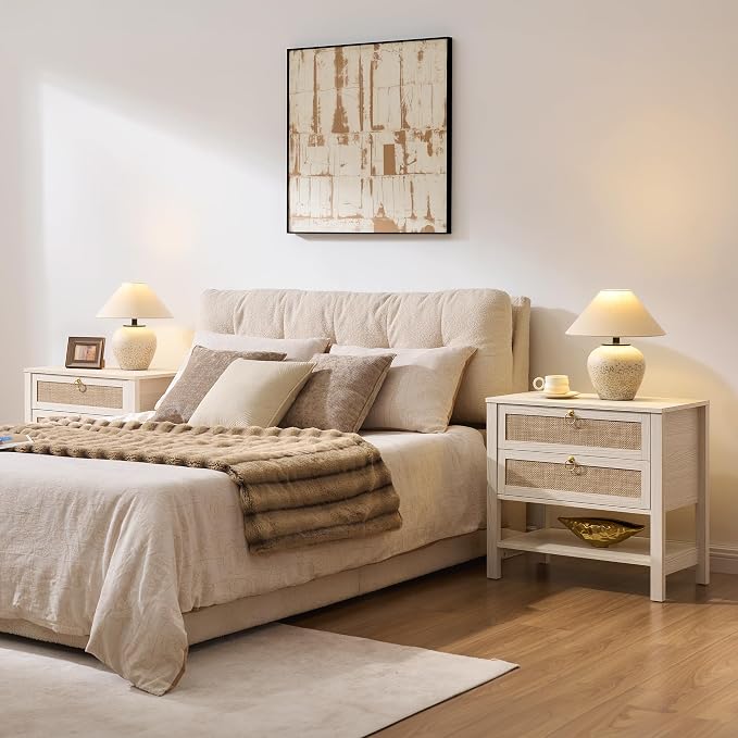 SICOTAS Boho Rattan Nightstand Set of 2, 26.7" Extra Wide Bedside Table - Image 3
