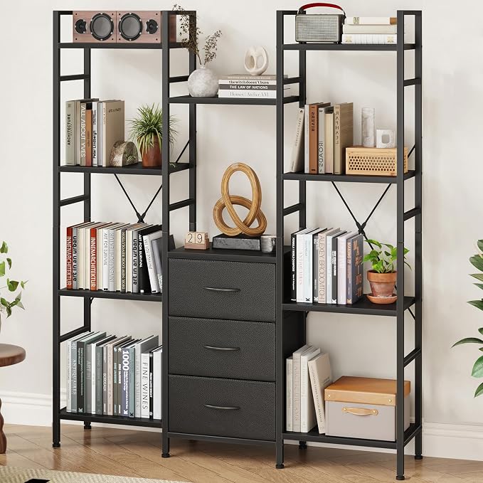 AFLUI Triple Bookshelf with 3 Fabric Drawers, 4-Tier Book Shelf and 10 Display by Unknown