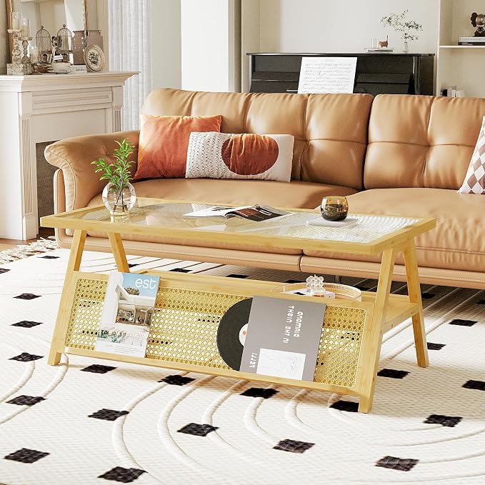 Bamworld Coffee Table with Storage Mid-Century Modern Coffee Table Boho - Image 4