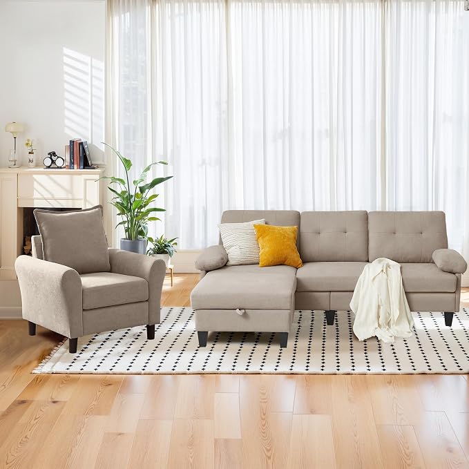 2PCS Sectional Sofa Set with Ottoman, Modern Linen 4 Seater Couch Set with Side - Image 7