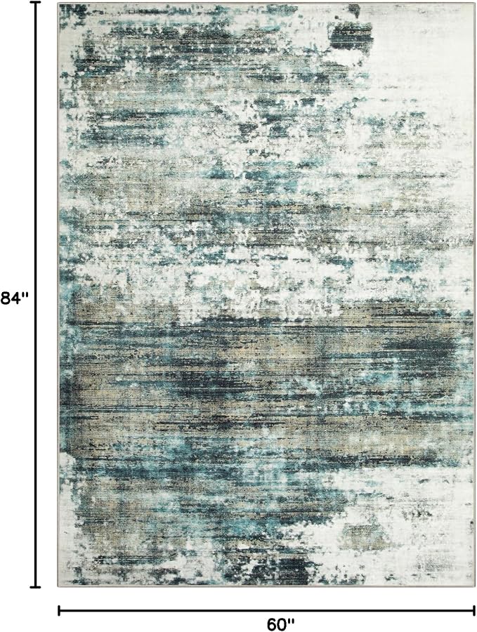 5x7 Area Rugs for Living Room: Washable Abstract Teal Green Badroom Carpet | - Image 2