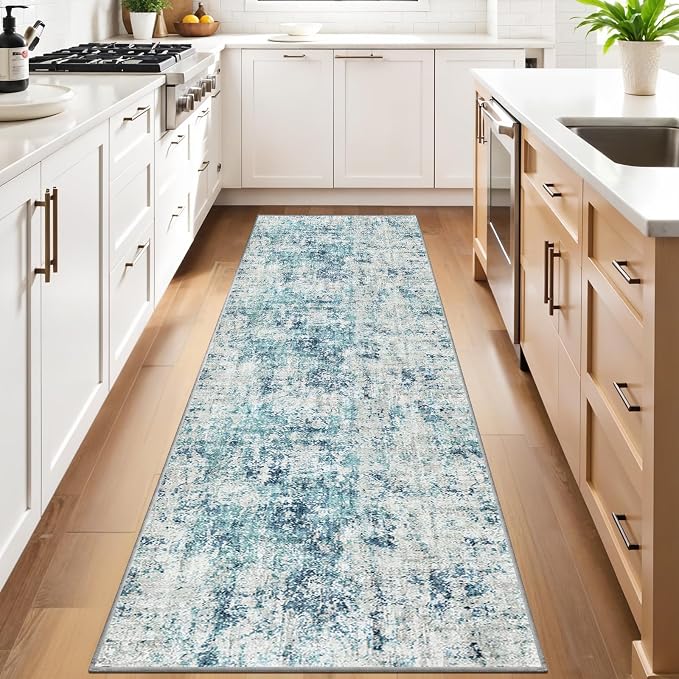 Machine Washable Runner Rugs 3x7 Modern Abstract Rug Ocean Mist | Stain & Spill - Image 2