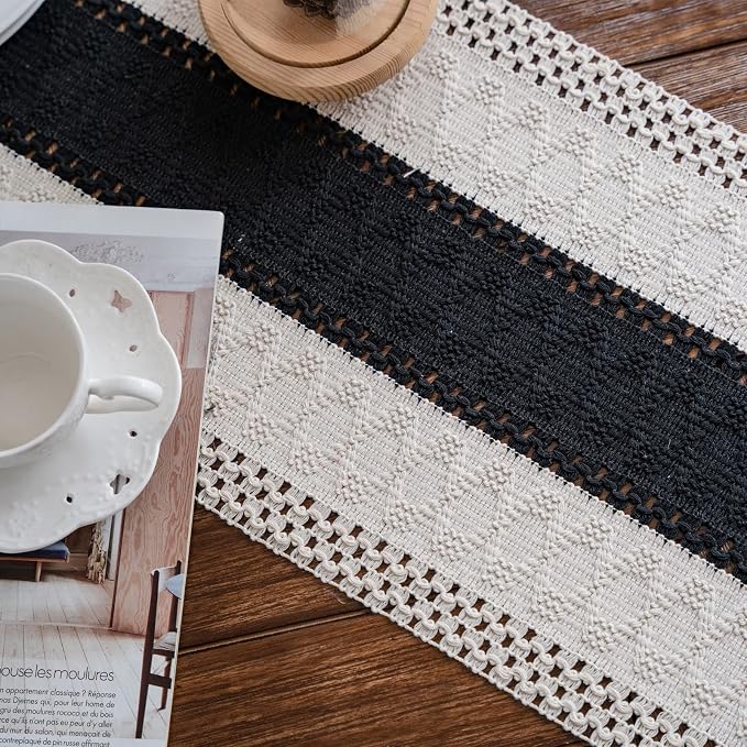 Macrame Table Runner Cream Beige and Black Boho Table Runners - Image 4