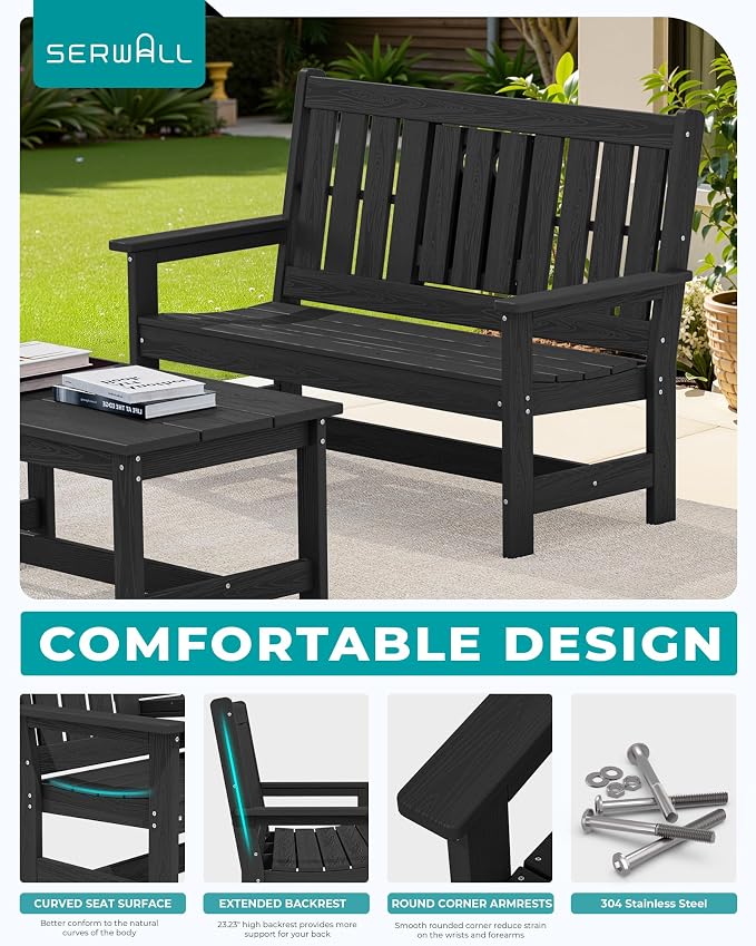 SERWALL Outdoor Bench with Cup Holder, Oversized 58" HDPE Porch Bench Suitable - Image 5