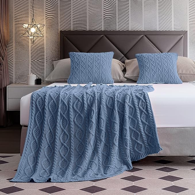 Homiest Dusty Blue Cable Knit Throw, 60 x 80 Inch, Lightweight Acrylic Knitted - Image 4