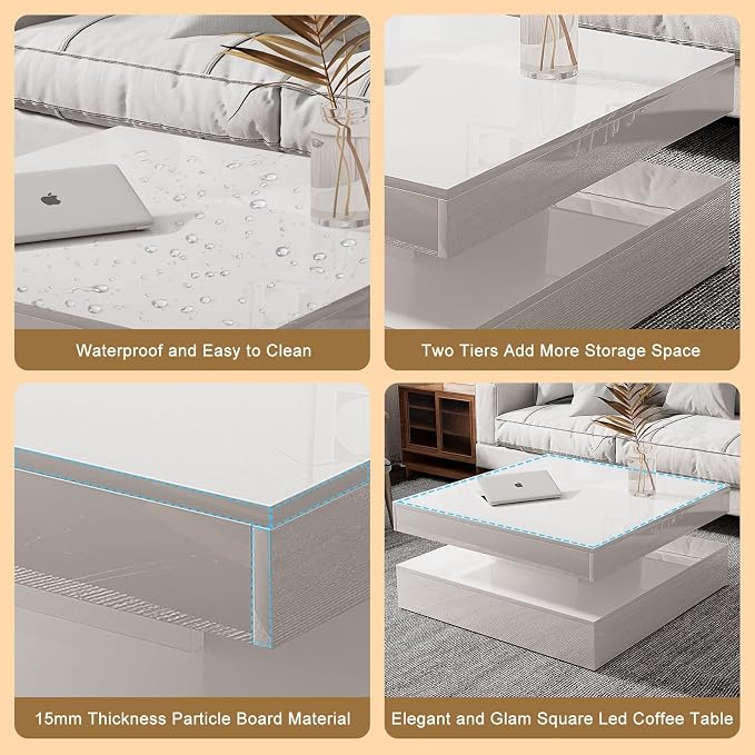 HedoAjim LED Coffee Table for Living Room, Living Room Table 2-Tier Square - Image 5