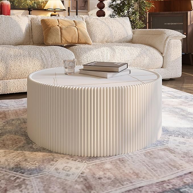 SSLine Round Drum Coffee Table Modern Sintered Stone Top Coffee Table in White - Image 4