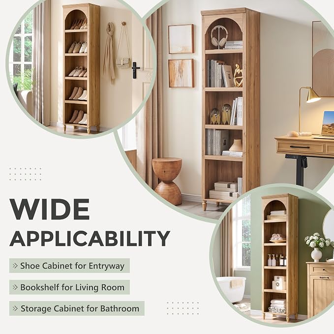 IFGET 76" Tall Arched Bookcase, Farmhouse 5 Tiers Narrow Arched Bookshelf - Image 4
