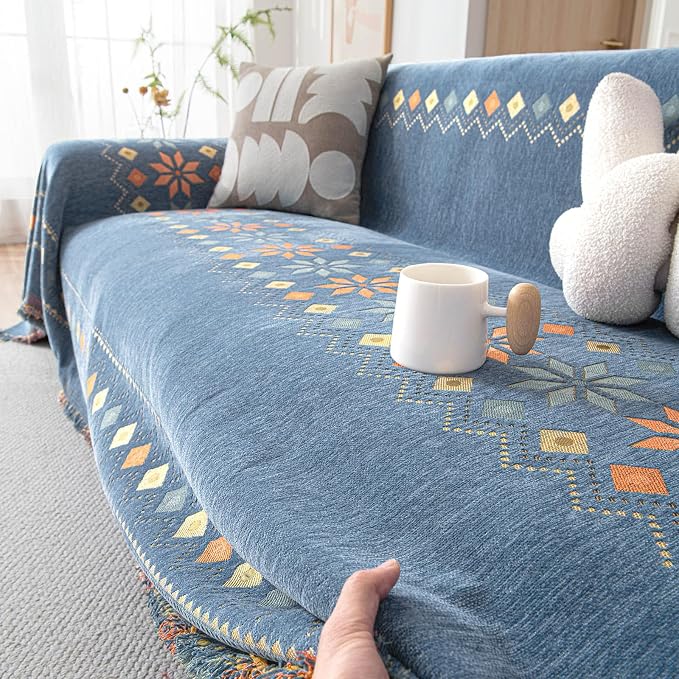 DREAMINGO Blue Boho Couch Cover Geometric Jacquard Sofa Covers - Image 3