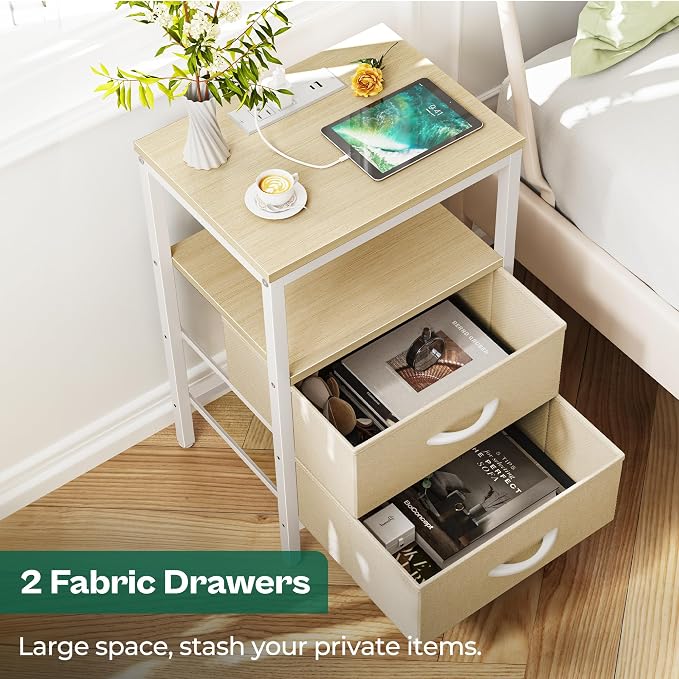 Huuger Nightstand with Charging Station, Side Table with Fabric Drawers - Image 5