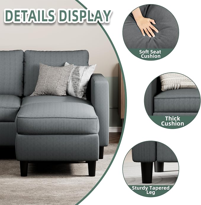 SUNLEI Small L-Shaped Sectional Couch, Modern Grey Couch - Image 5