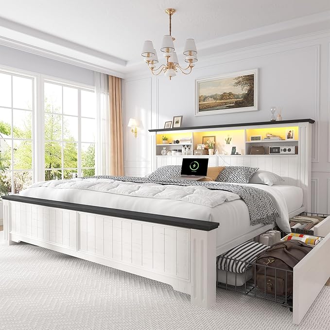 EnHomee King Size Bed Frame and Headboard & Storage, 4 Drawers and LED Built in by EnHomee