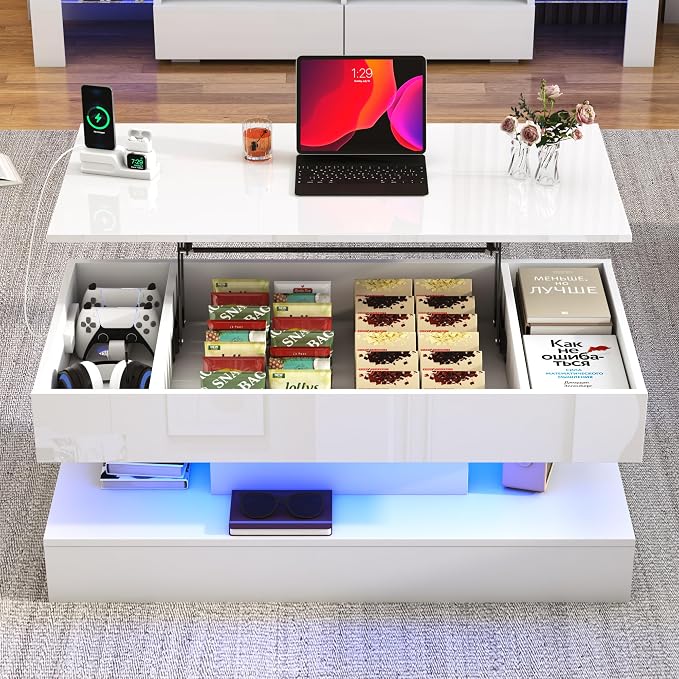 39.4" Large Lift Top Coffee Table, Modern High Glossy LED Coffee Tables - Image 9