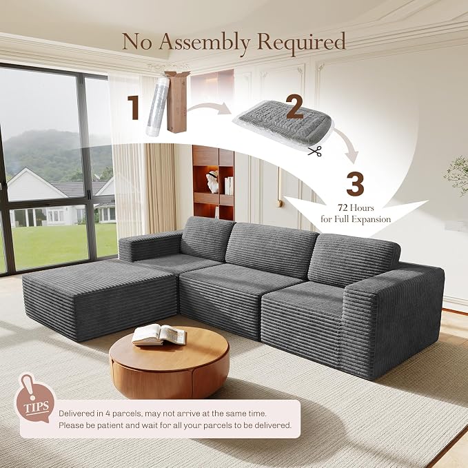 Vesgantti 119" L-Shaped Modular Sectional Sofa, Corduroy Cloud Couch - Image 7