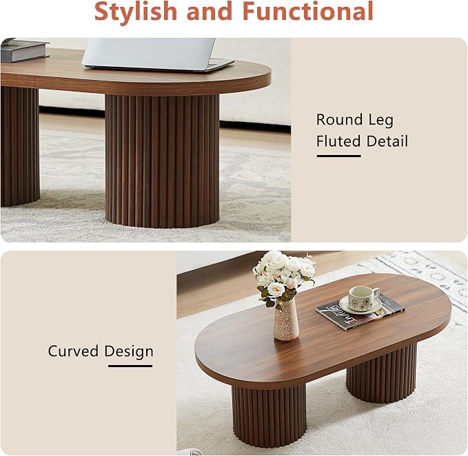 Oval Fluted Coffee Table, Farmhouse Wood Coffee Table Mid Century Modern Center - Image 7