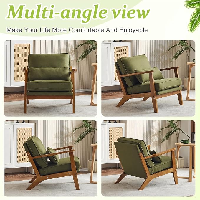 VINGLI Solid Wood Wide Armrests Accent Chair, Upholstered Mid Century Modern - Image 8
