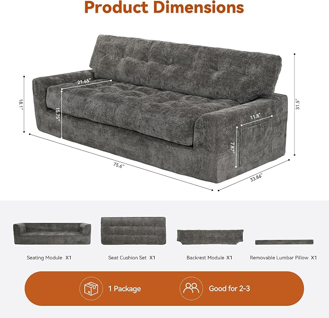 MONVANE 75.6" Convertible 3 Seater Sofa, Comfy Chenille Cloud Couch - Image 3