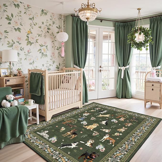 Dark Green Area Rug 4x6 for Bedroom Dining Room | Boho Style; Low Pile; Non - Image 3