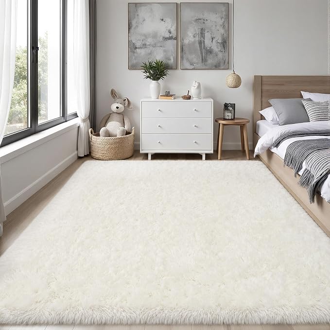 PLHXFR 5x7 Area Rugs Living Room: Fluffy Bedroom Rug Shag Carpet White | - Image 2