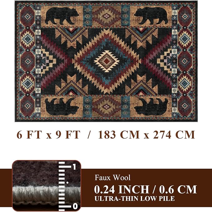 Rustic Cabin Area Rug for Bedroom 6x9, Machine Washable Lodge Bear Rug - Image 2