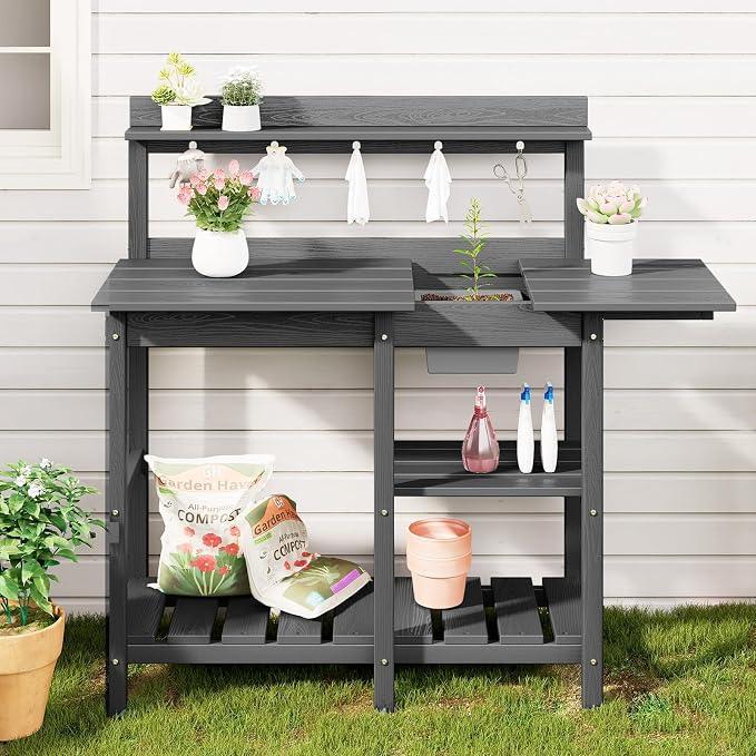 SERWALL Outdoor Potting Bench 2-Piece Set, Rot-Resistant HDPE Potting Table - Image 9