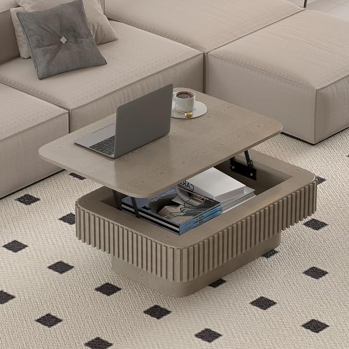Lift Top Coffee Table for Living Room, Rectangle Handmade Solid Wood Strips - Image 8