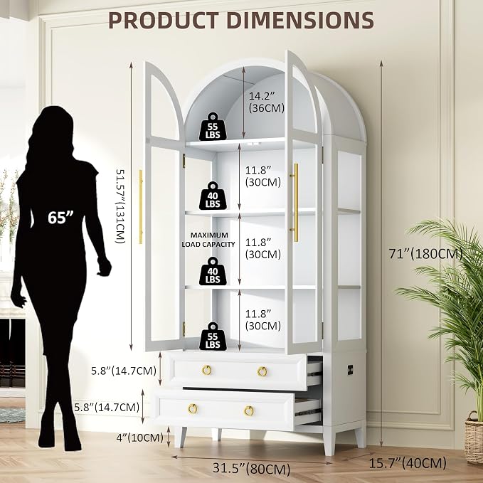 Vlsrka 71 Inch Arched Curio Cabinet, 4-Tier Display Cabinet and 2 Drawers - Image 2