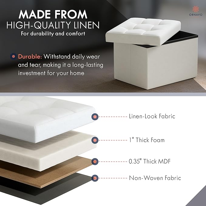 Ornavo Home Small Storage Ottoman, Foldable Collapsible Rectangle Linen Ottoman - Image 5
