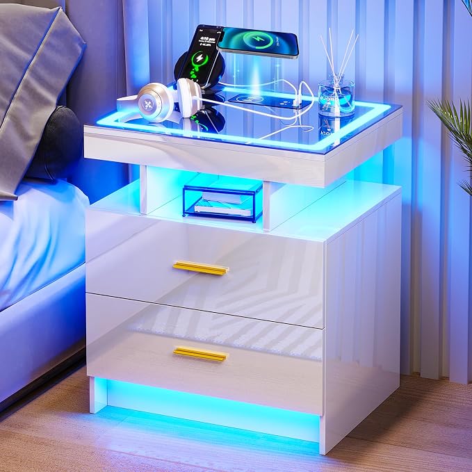 HNEBC Auto LED Nightstand Set of 2, High Gloss Bedside Table has 2 Drawers - Image 2