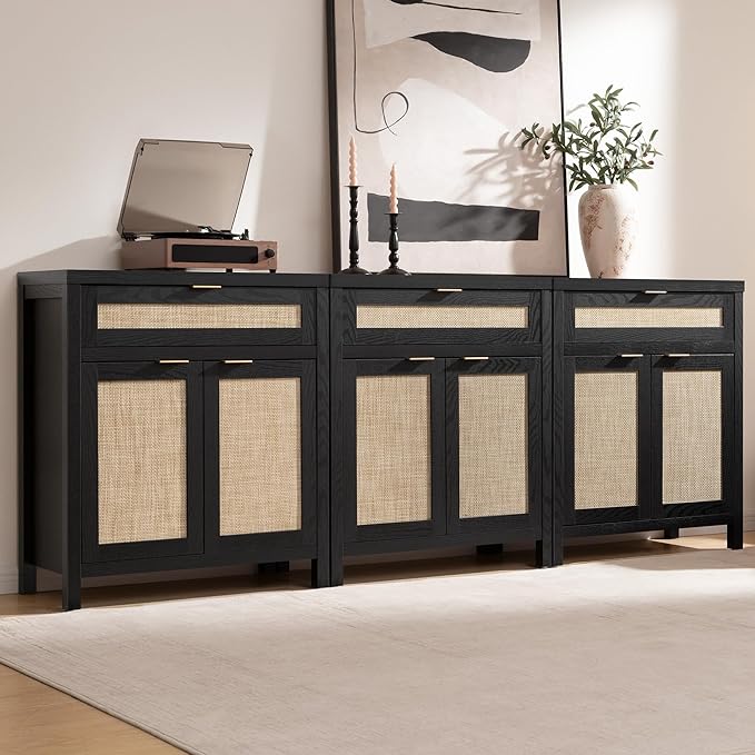SICOTAS Sideboard Buffet Storage Cabinet Set of 3, Rattan Credenza Buffet Table by SICOTAS