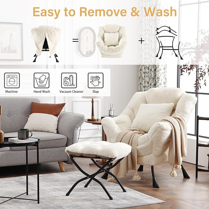 Lazy Chair with Ottoman, Large Lvory Accent Chair with Ottoman and FA Throw - Image 6