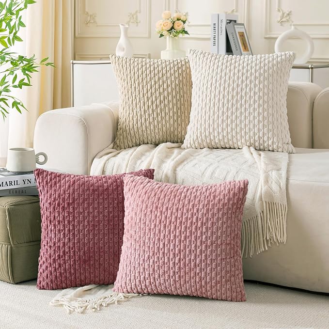 Set of 4 Pink Beige White Decorative Throw Pillow Covers 20x20 Inch Corduroy by Cozoomy