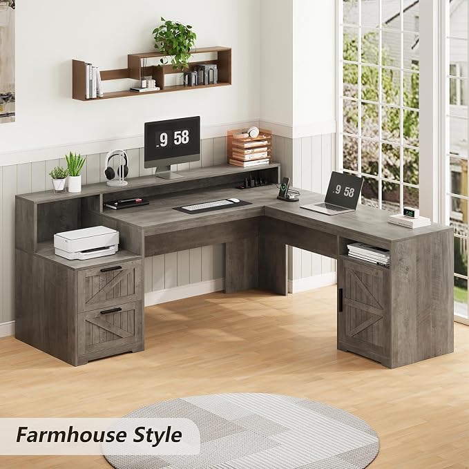 YOMILUVE 63" Farmhouse L Shaped Executive Desk - Image 3