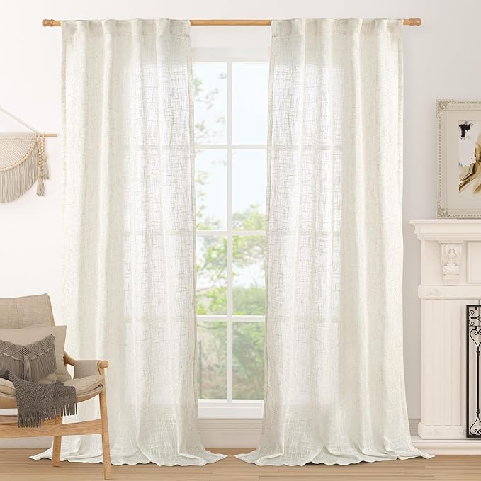 Cream Linen Boho Curtains 84 inch Length 2 Panels, Semi Sheer Panels | Light by LAMIT