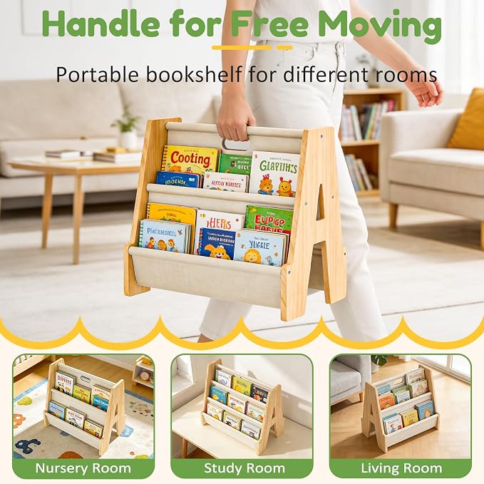 XiaZ Kids Bookshelf Wooden Montessori Toddler Bookshelf Solid Pine A-Frame - Image 3