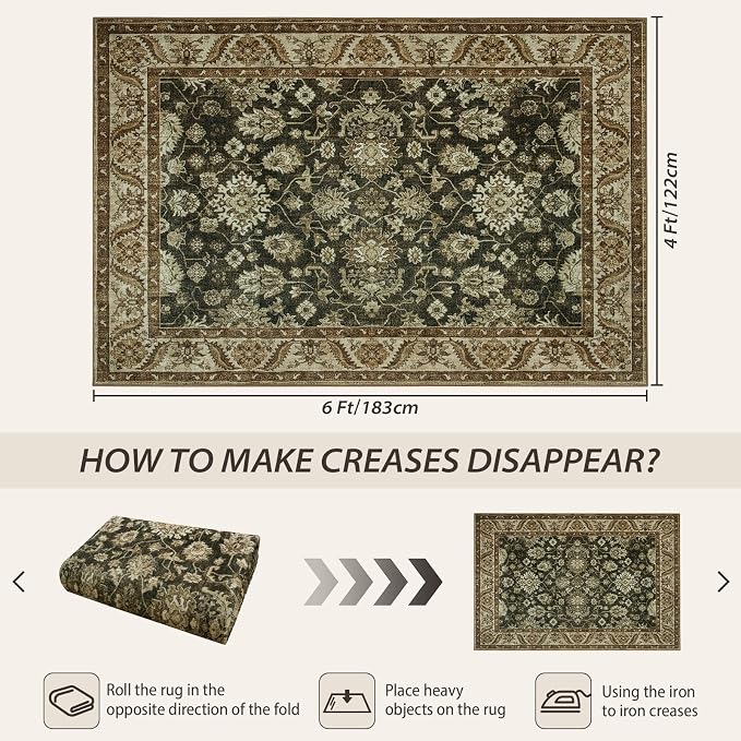 Area Rugs for Living Room, 4x6 Washable Rugs for Bedroom, Non-Slip Retro Floral - Image 2