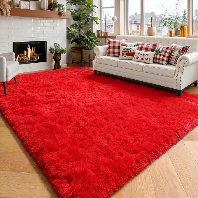 Amdrebio Red Fluffy Fuzzy Rug 5x8 by Amdrebio