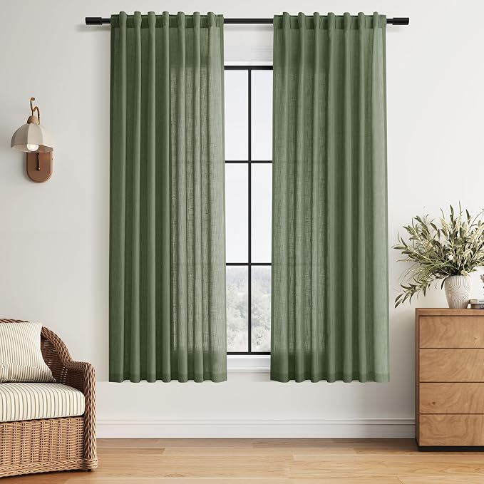 Forest Green Linen Curtains 63 Inch Length by Nanspring