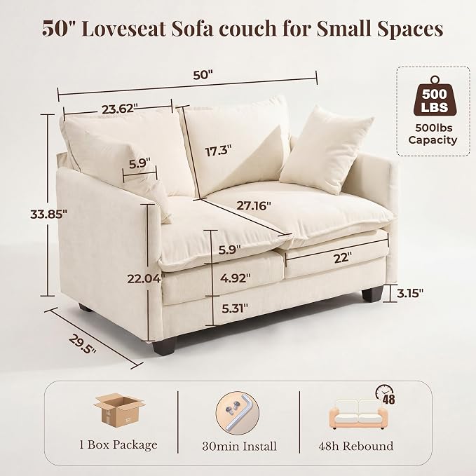Loveseat Sofa with Cloud 3-Layer Cushion & 27" Deep Seat, Modern Small Couch - Image 2