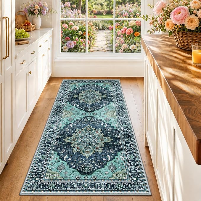 RELEANY Washable Area Rug, Runner 2'x6', Teal | Non-Slip, Water Repellent by RELEANY