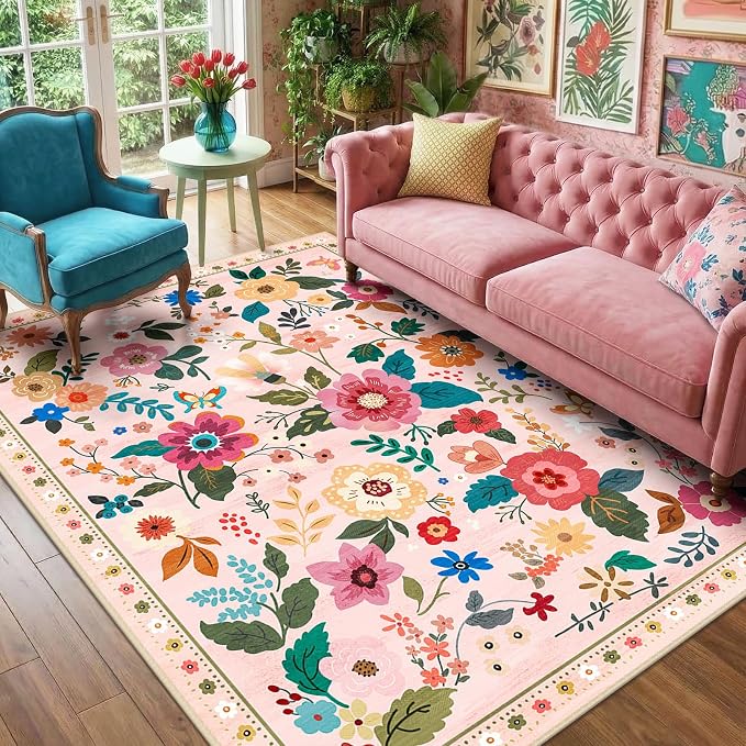 RELEANY Floral Washable 3x5 Area Rugs Pink | Flower Carpet Print Boho Cute Non - Image 2